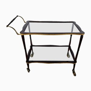 Burl Bar Trolley with Brass Profiles and Two Glass Shelves, Italy, 1950s