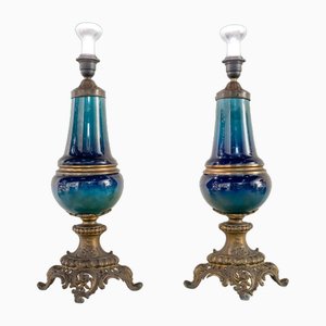 Lampade vintage in porcellana blu e calamina, set di 2
