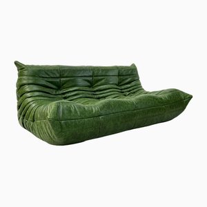 Togo Three-Seater Sofa in Forest Green Leather by Michel Ducaroy for Ligne Roset