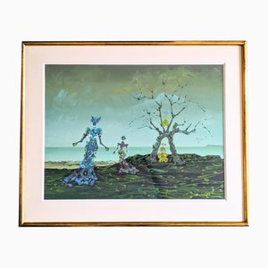 Lucien Coutaud, Two Surrealist Women in a Landscape, 20th Century, Gouache, Framed