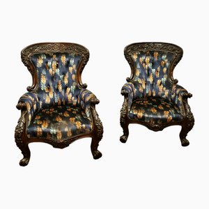 Large Franco Chinese Carved Salon Chairs, Set of 2