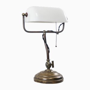 Lampe de Bureau Banquier Vintage en Verre Opalin Blanc