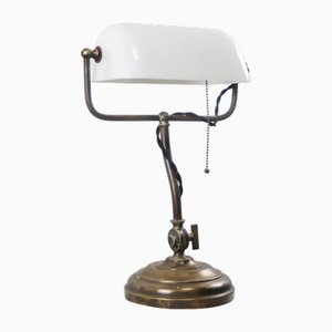 Vintage White Opaline Glass Banker Table Lamp