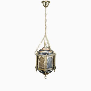 Lantern in Brass and Coloured Glass, North Africa, 20th Century