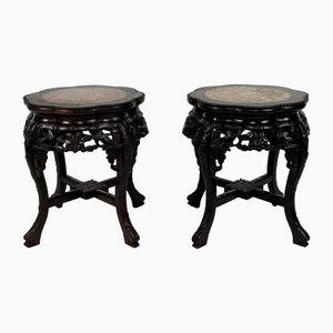 Asian Side Tables in Carved Wood and Marble Tops, 1880s, Set of 2