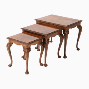 Chippendale Style Burl Walnut Nesting Tables, 1920s, Set of 3