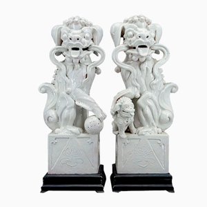 Leoni guardiani cinesi in ceramica bianca, set di 2