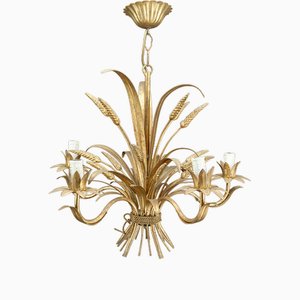 Lámpara de araña grande dorada de Maison Jansen, años 50