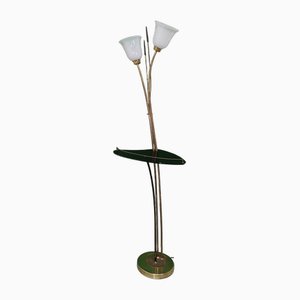 Stehlampe aus Messing mit Tisch aus schwarzem Acrylglas & Schirmen aus Muranoglas, 1950er