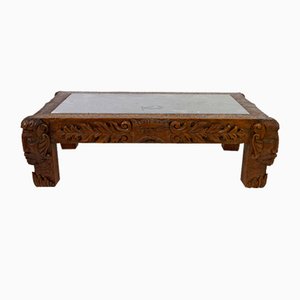 Vintage French Coffee Table in Oak Carved with Faun Heads and Marble Top, 1940