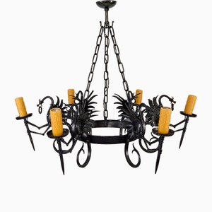 Large Wrought Iron Ceiling Light with Dragons, 1890s