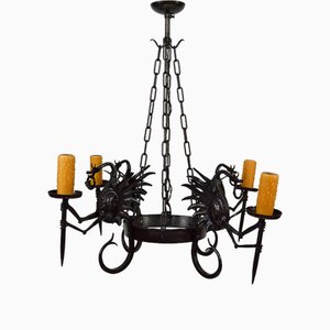 Italian Wrought Iron Chandelier with Dragons, 1890s