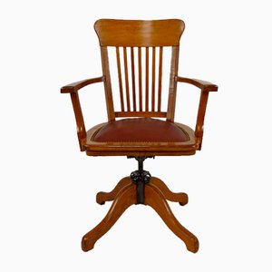 American Swivel Office Armchair in Oak with Leather Seat, 1900s