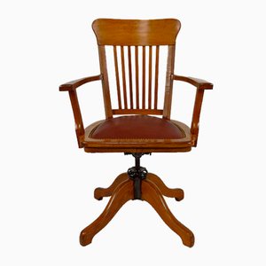 Fauteuil de Bureau Pivotant en Chêne avec Assise en Cuir, Amérique, 1900s