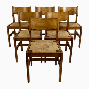 Brutalist Elm Chairs with Straw Seats from Maison Regain, 1960, Set of 6