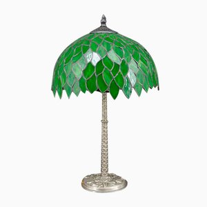 Palm Lamp in Silvered Bronze and Green Stained Glass, 1890s