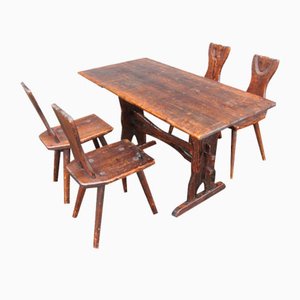 Scandinavian Rustic Mountain Style Sculpted Table & Chairs, 1960s, Set of 5