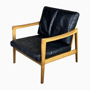 Fauteuil Vintage Scandinave en Teck et Cuir Noir, 1970s