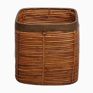 Large Mid-Century Brass & Rattan Bamboo Cube Planter, 1960s