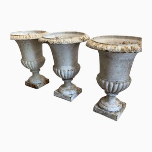 French Painted Cast Iron Urns, 1920s, Set of 3