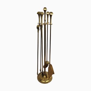 Italian Brass Fireplace Fire Tools with Stand, 1980s, Set of 5