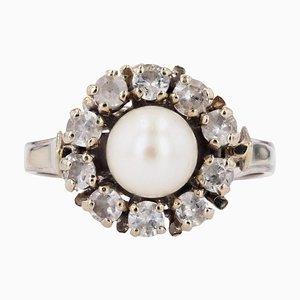 French Modern Cultured Pearl and White Sapphires 18 Karat White Gold Daisy Ring