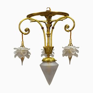 French Louis XVI Style Bronze and Frosted Glass Four-Light Pendant Chandelier, 1920s