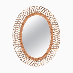 Mid-Century Bamboo, Rattan and Wicker Oval Mirror by Franco Albini, Italy, 1970s