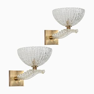 Huge Barovier Murano Leaf Glass and Brass Sconces, Italy, 1950s, Set of 2