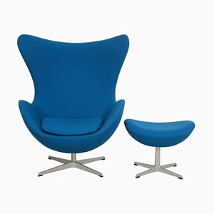 Egg Chair with Ottoman in Blue Fabric by Arne Jacobsen, Set of 2