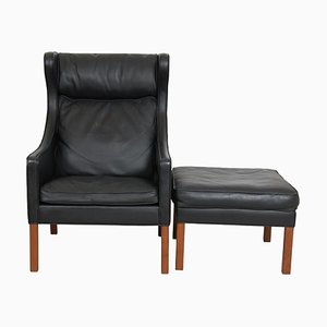 Wingchair with Ottoman in Black Leather by Børge Mogensen, 1980s, Set of 2