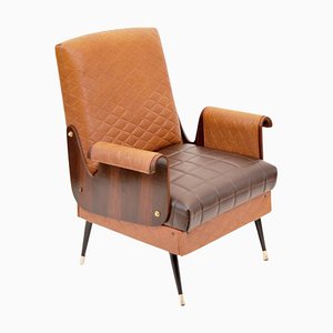 Mid-Century Armchair in Walnut and Faux Leather, Italy, 1960s