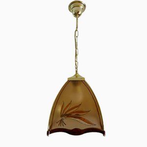 Vintage Hanging Light in Golden Brass and Glass