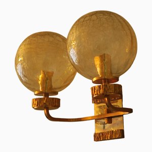 Brass and Glass Double Wall Light with Gold Overlay by Angelo Brotto for Isperia, 1970s