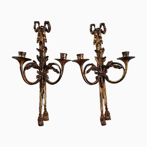 French Neoclassic Gilded Brass Wall Chandeliers, Set of 2