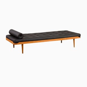 Mid-Century Danish Oak Daybed in Black Leather, 1960s