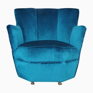 Art Deco Turquoise Blue Velvet Cocktail Chair with Metal Feet, 1930s