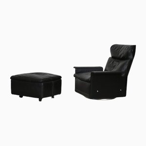 Fauteuil Pivotant Modèle 620 avec Ottomane en Cuir Noir par Dieter Rams pour Vitsoe, 1982, Set de 2