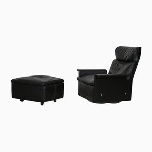 Model 620 Swivel Lounge Chair with Ottoman in Black Leather by Dieter Rams for Vitsoe, 1982, Set of 2