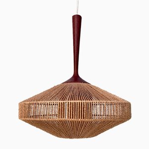 Teak and Sisal Cord Weave Hanging Lamp from Temde Leuchten, Germany, 1950s