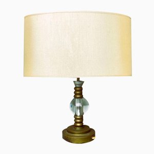 Mid-Century Portuguese Brass Table Lamp with Oval Cream Silk Lampshade, 1960s