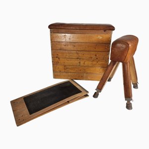 Wooden & Leather Gymnastic Box with Jumping Hill and Gymnastic Hourse, 1930s, Set of 3