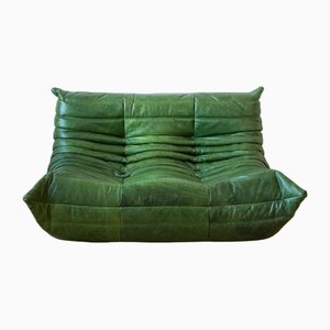 Dubai Togo Sofa aus Grünem Leder von Michel Ducaroy für Ligne Roset