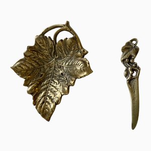 Art Nouveau Wine Leaf Dish and Letter Opener in Brass, 1940s, Set of 2