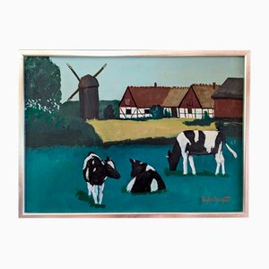Cows in Field, 1950s, Peinture à l'Huile, Encadré