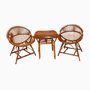 Vintage Cane and Rattan Shell-Shaped Armchairs with Coffee Table, 1960s, Set of 3