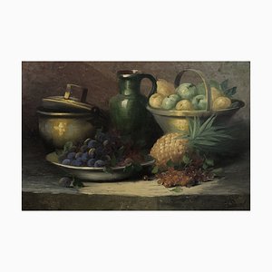 Georges Duval, Bodegón de frutas y jarra verde, óleo sobre lienzo