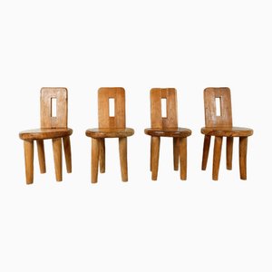 Vintage Brutalist Dining Chairs in Wood, 1970s, Set of 4