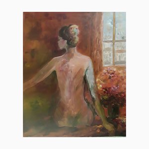 Sylvie De Franqueville, nudo femminile da dietro, 1990, pittura a olio originale su tela