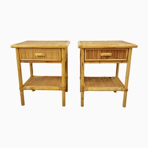 Tables de Chevet Vintage en Rotin et Bambou, Italie, 1970s, Set de 2